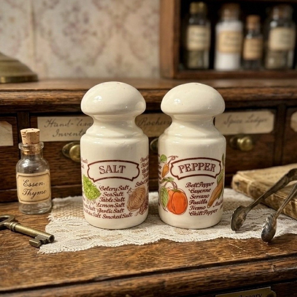 Vintage Avon 1980 Salt and Pepper Shakers Ceramic Herb Spice Botanical Brazil‎